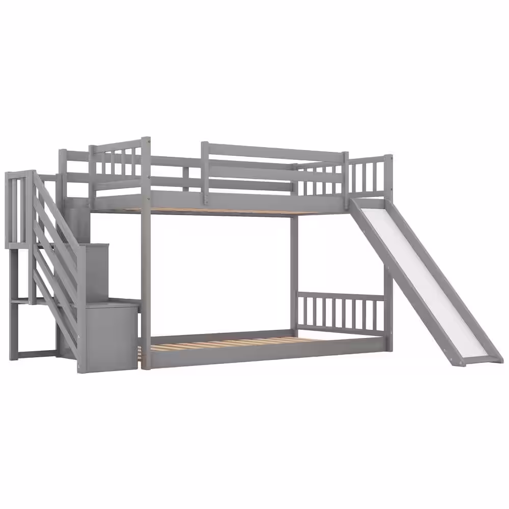 Harper & Bright Designs Gray Twin Over Twin Bunk Bed Daybed with Slide and Stairway