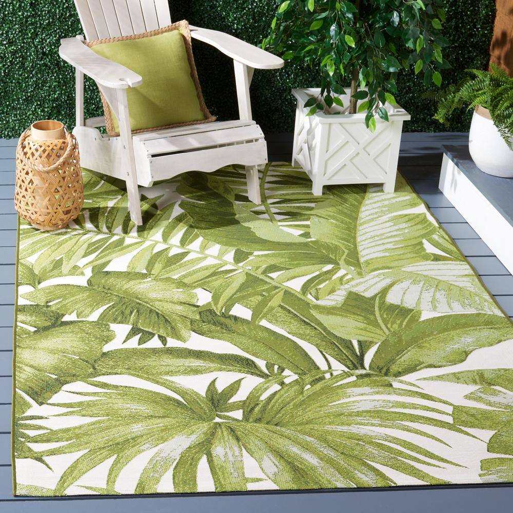 SAFAVIEH Barbados Ivory/Green 10 ft. x 12 ft. Multi-Leaf Tropical Indoor/Outdoor Patio Area Rug