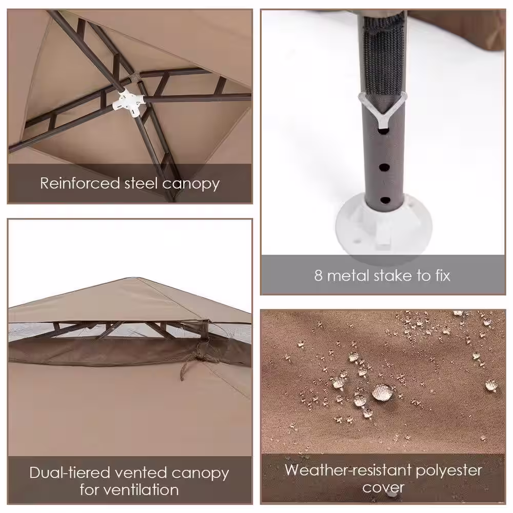 ANGELES HOME 9.8 ft. x 9.8 ft. Brown Metal Frame Gazebo Canopy with Mosquito Mesh