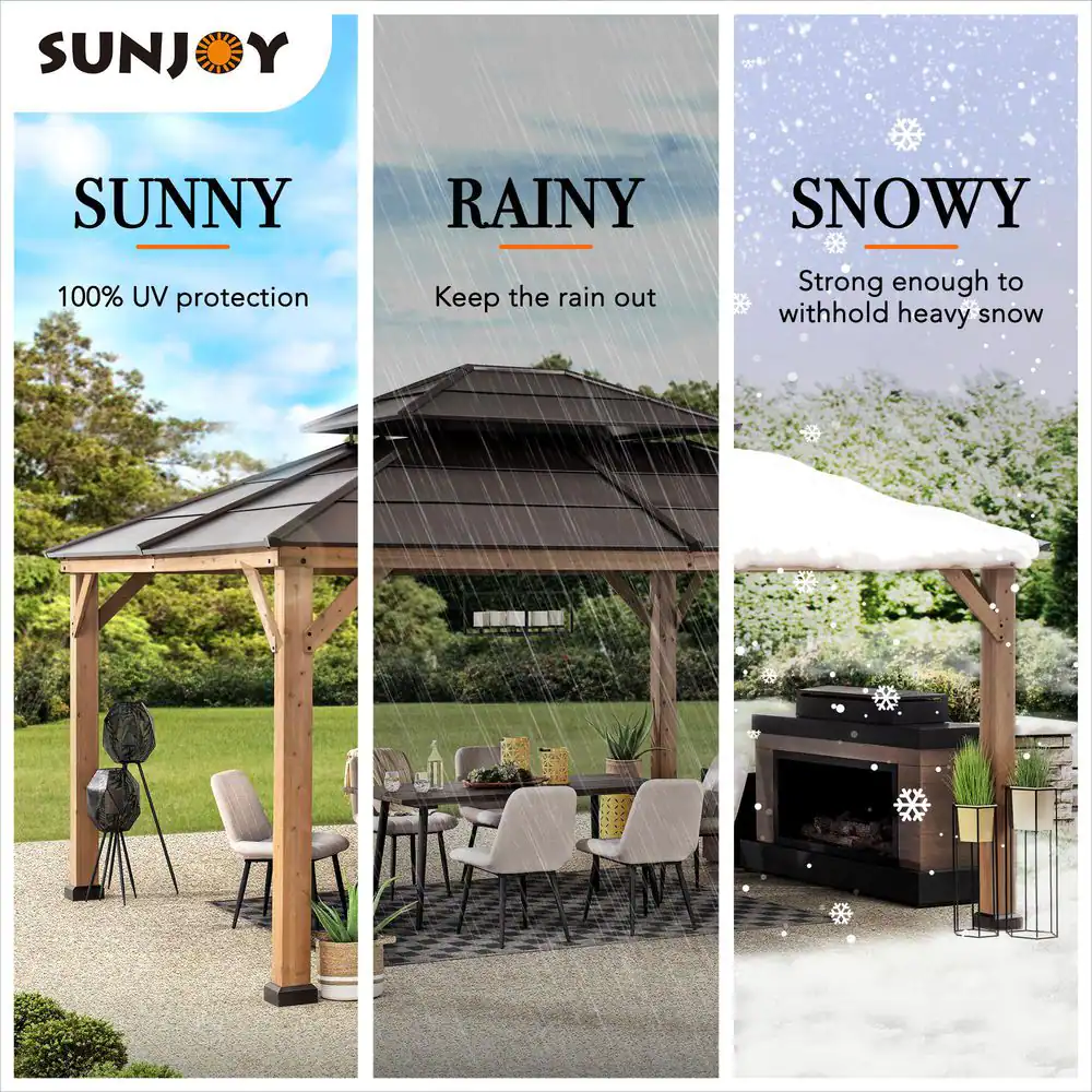 Sunjoy Myla 13 ft. x 15 ft. Cedar Gazebo with Brown Steel 2-Tier Hip Roof Hardtop