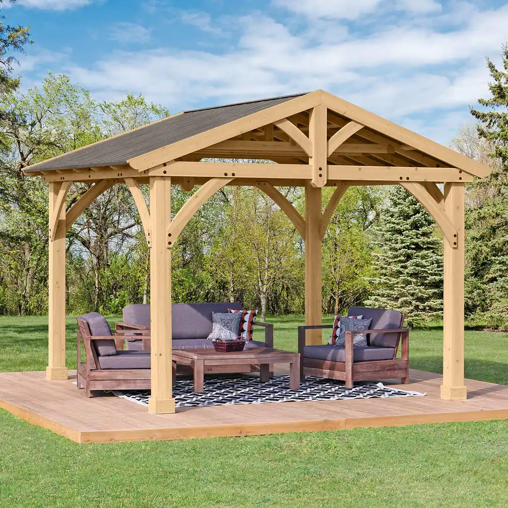 Yardistry Carolina 11 ft. x 13 ft. Premium Outdoor Cedar Backyard Patio Shade Pavilion with Brown Aluminum Gazebo Style Roof