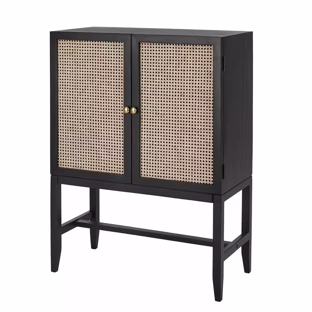 StyleWell Odell Cane Accent Bar Cabinet with Removable Wine Rack in Black/Rattan (36
