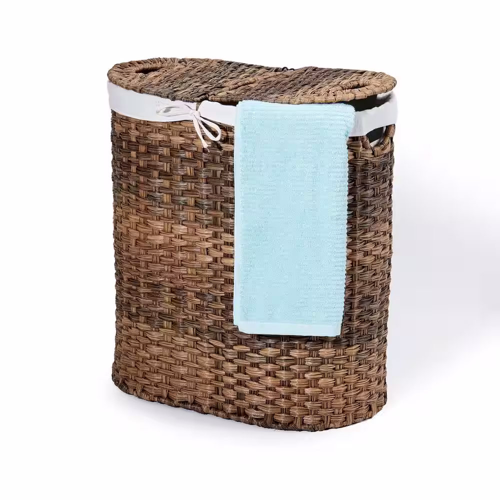 Seville Classics Mocha Hand-Woven Oval Double Laundry Hamper with Removable Liner