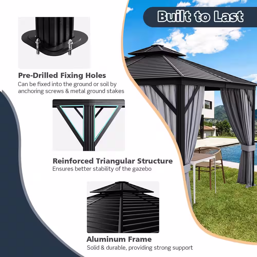 Costway 10 ft. x 10 ft. Patio Double-Top Hardtop Gazebo Galvanized Steel Roof Aluminum Frame