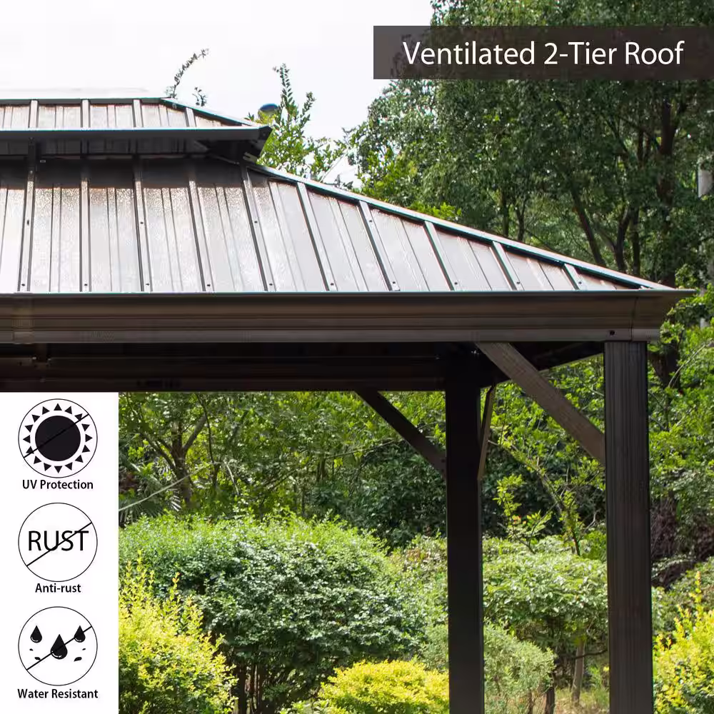 None 10 ft. x 12 ft. Aluminum Hardtop Gazebo Galvanized Steel Roof Curtain and Mosquito Net