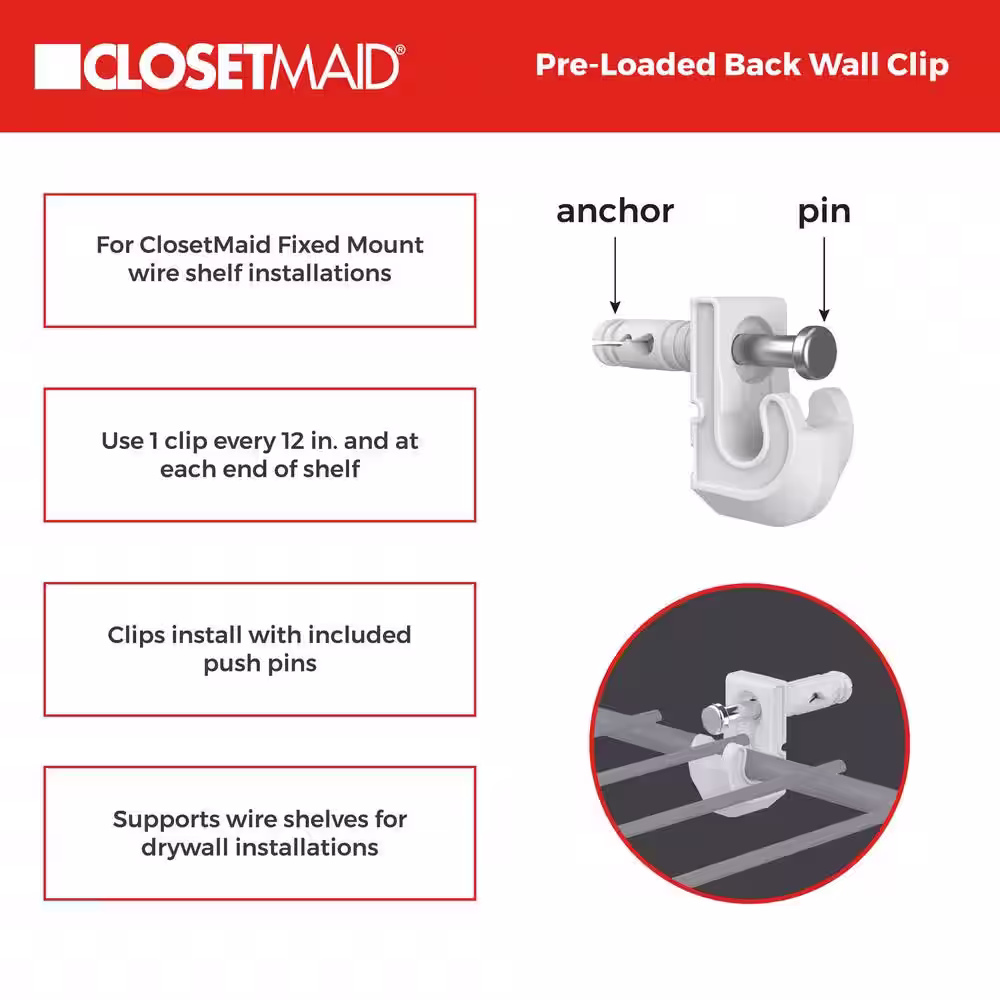 ClosetMaid SuperSlide 6.3 mm. Preloaded Back Wall Clips (48-Pack)