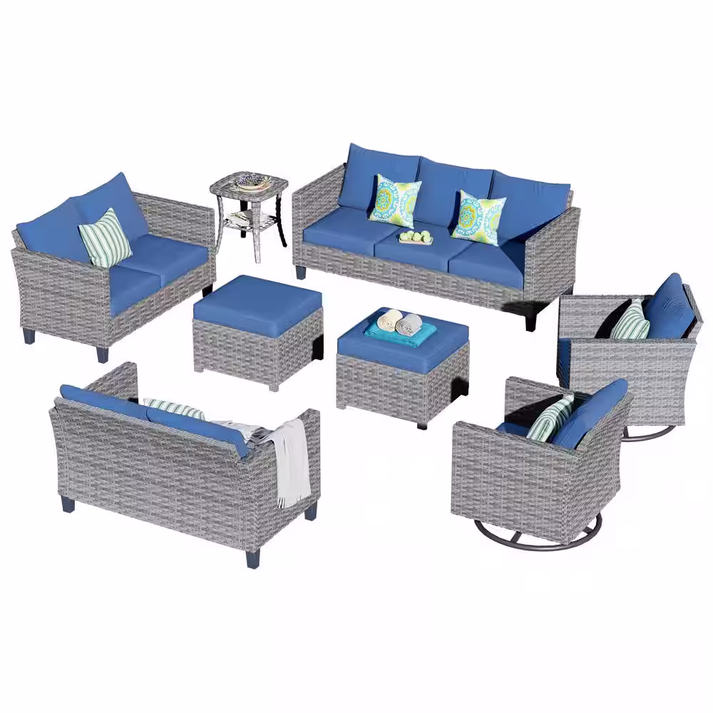 OVIOS New Star Gray 8-Piece Wicker Patio Conversation Seating Set with Blue Cushions and Swivel Chairs
