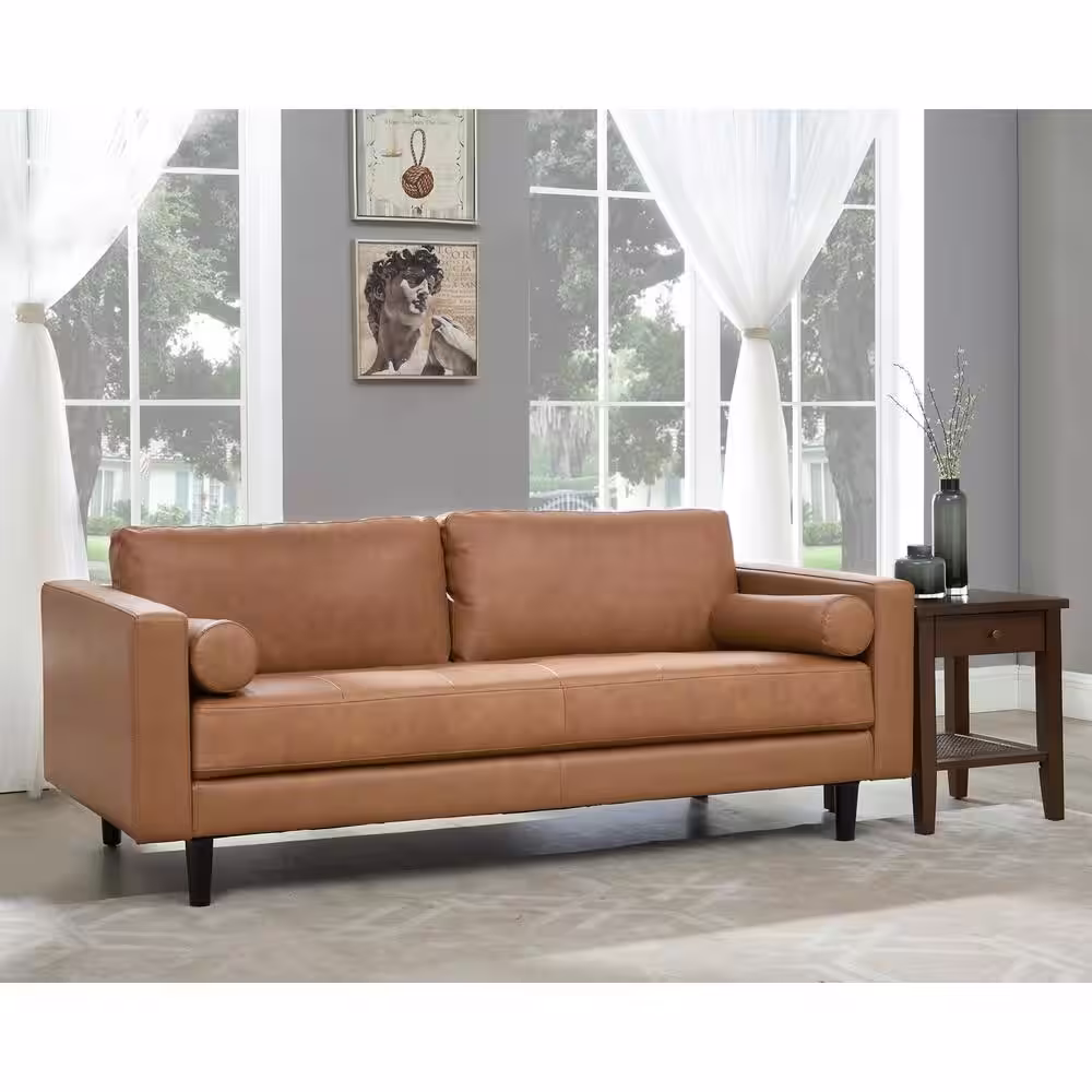None Brown Top Grain Genuine Leather Sofa, Revel in Exquisite Leather Opulence, Unparalleled Luxury Mid-Century Leather Sofa