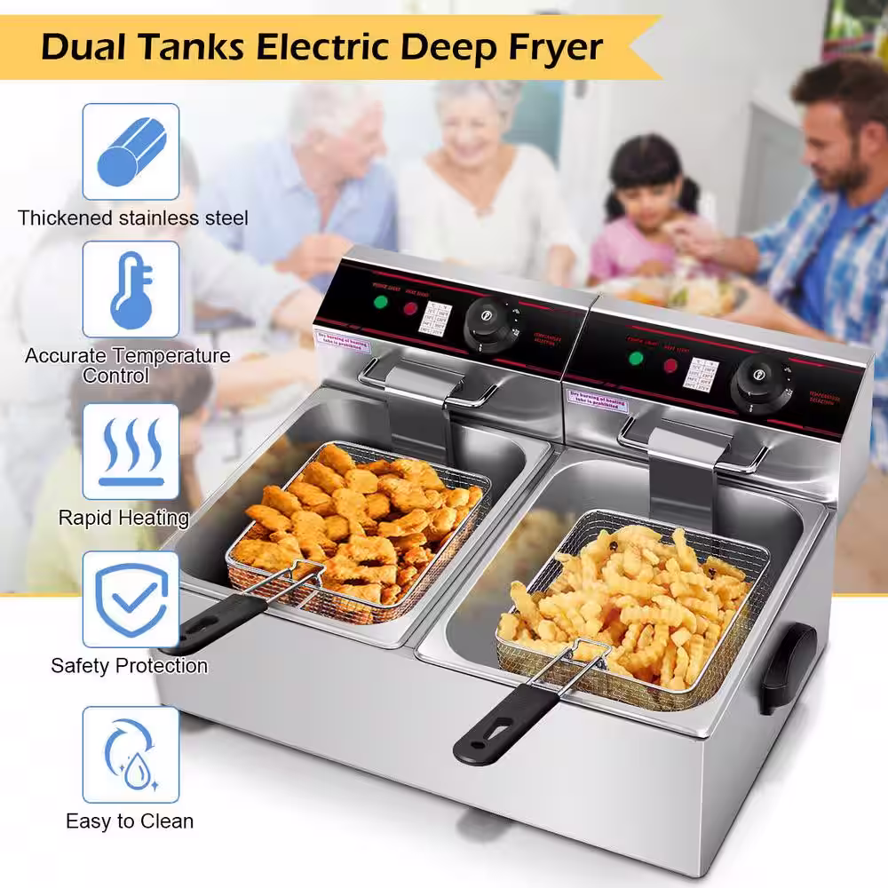 Costway 3400-Watt Electric Countertop Deep Fryer Dual Tank Commercial Restaurant Steel