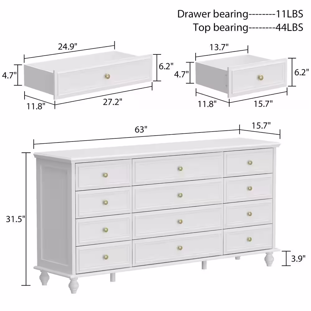 FUFU&GAGA White Wooden 12-Drawer Chest of Drawers 63 in. W x 31.5 in. H x 15.7 in. D Dresser, Modern European Style