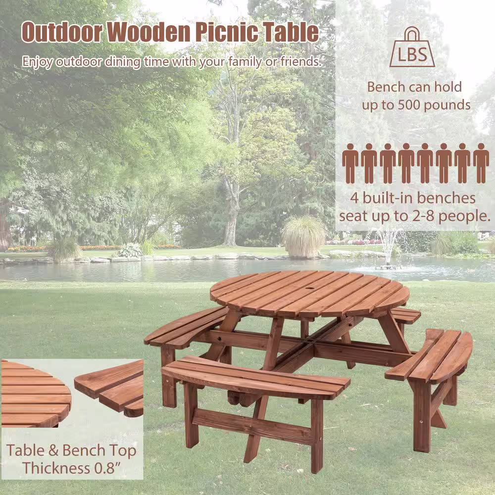 None 70.07 in. W Brown Solid Wood 8 Person Wooden Picnic Table Garden DIY w/4 Built-in Benches