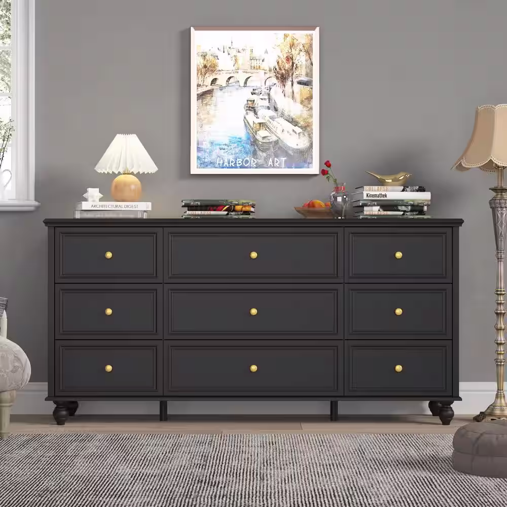 None Black Wooden 9-Drawer Chest of Drawers 63 in. W x 31.5 in. H x 15.7 in. D Dresser, Modern European Style