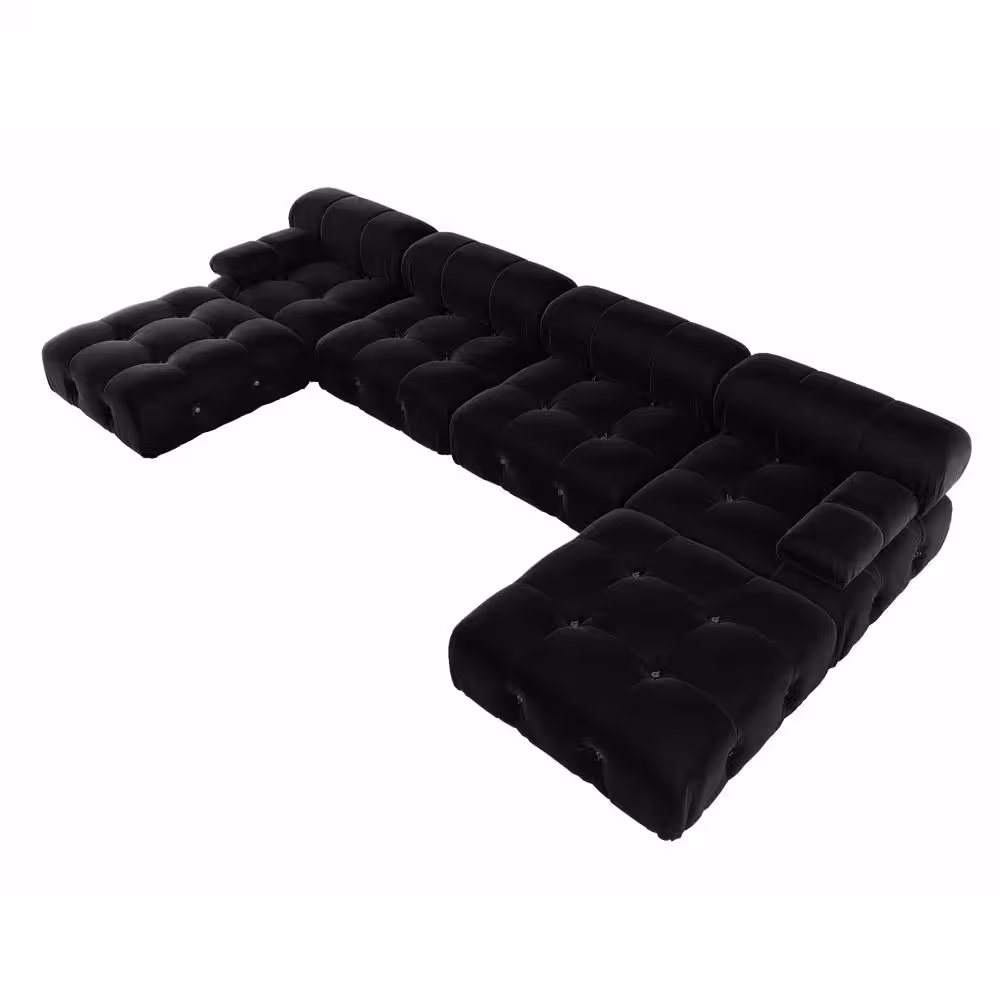 Magic Home 138.6 in. Convertible Modular Minimalist Sofa Free Combination U-Shaped 6 Seater Velvet Sectional with Ottomans, Black