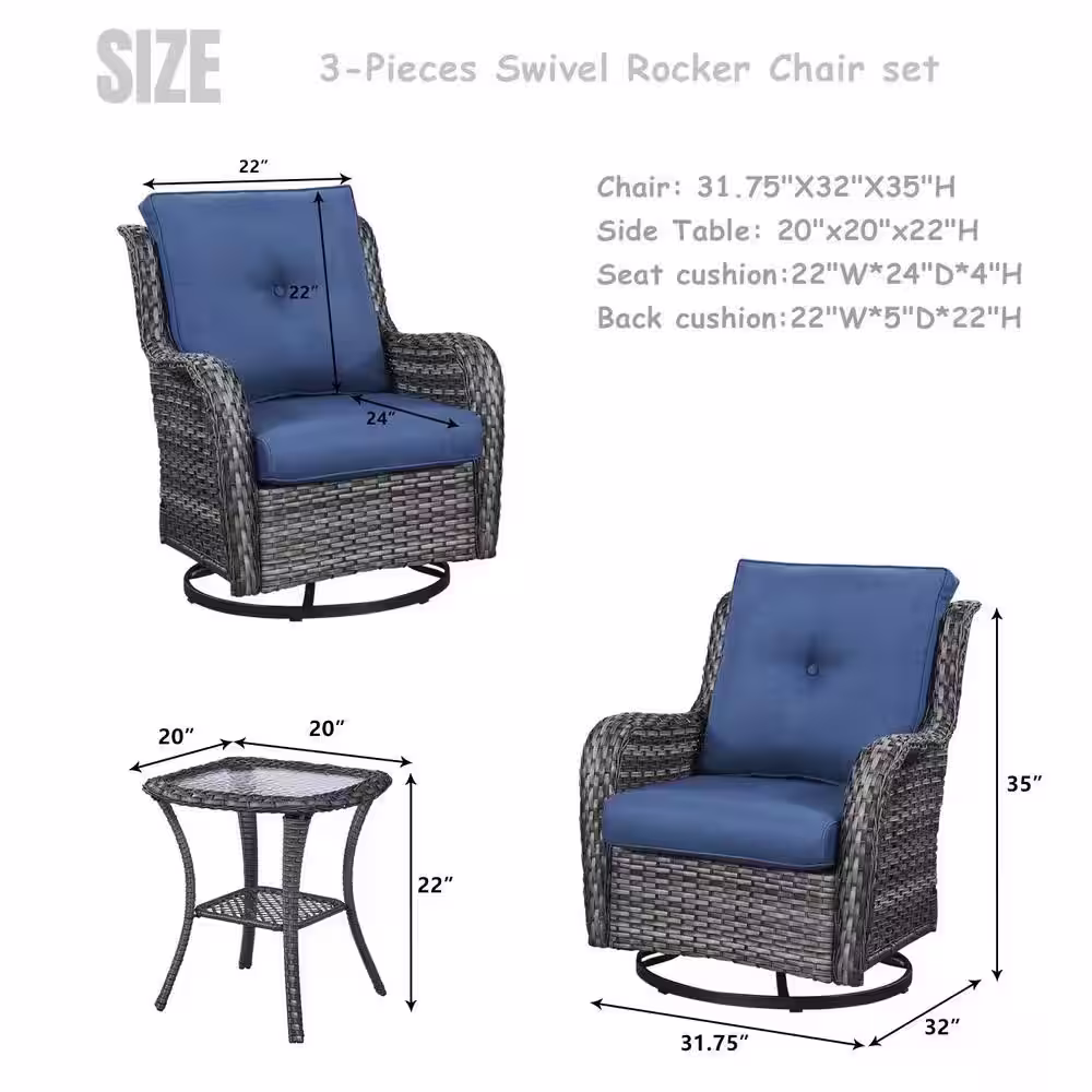 Gymojoy Carolina Gray 3 Pieces Wicker Patio Conversation Deep Seating Set with CushionGuard Blue Cushions
