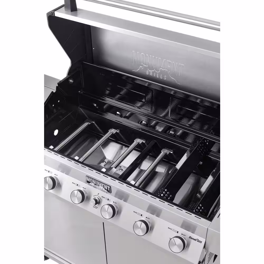 Monument Grills Denali 6-Burner Propane Gas Grill in Stainless with Clearview Lid, 3-Phase LED Controls and Side Burner Box A
