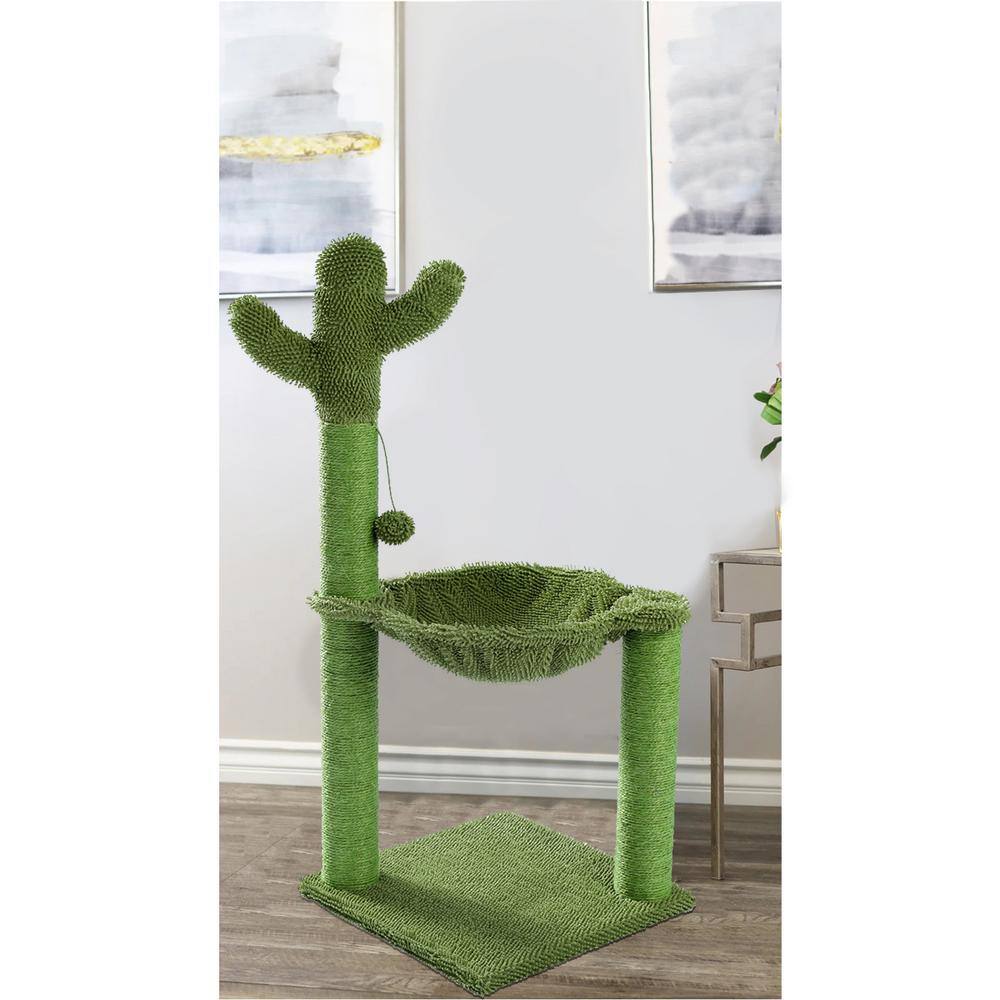 None 36.9 in. Wooden Green Cactus Cat Tree, Cat Tower with Sisal Covered Scratching Posts