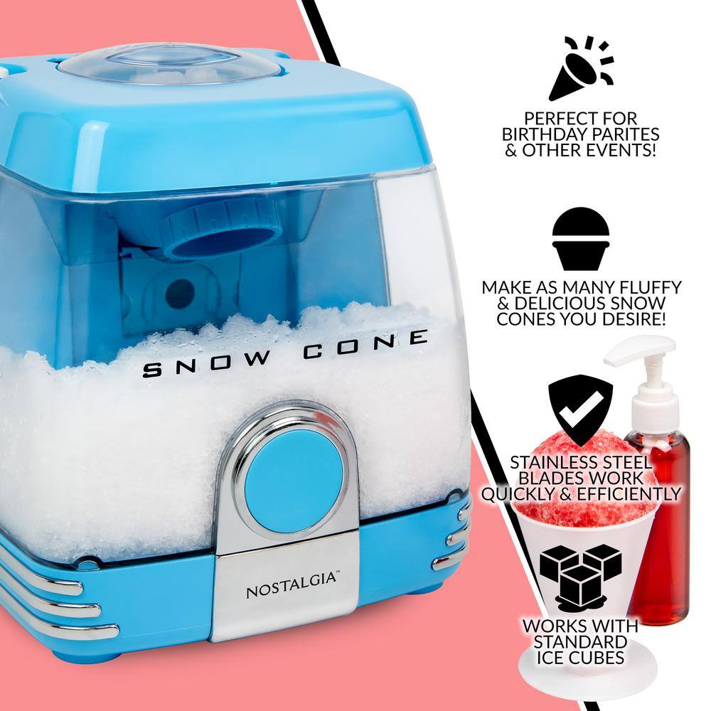Nostalgia 30 W Blue Snow Cone Maker with Two 4-oz. Reusable Pump Syrup Bottles
