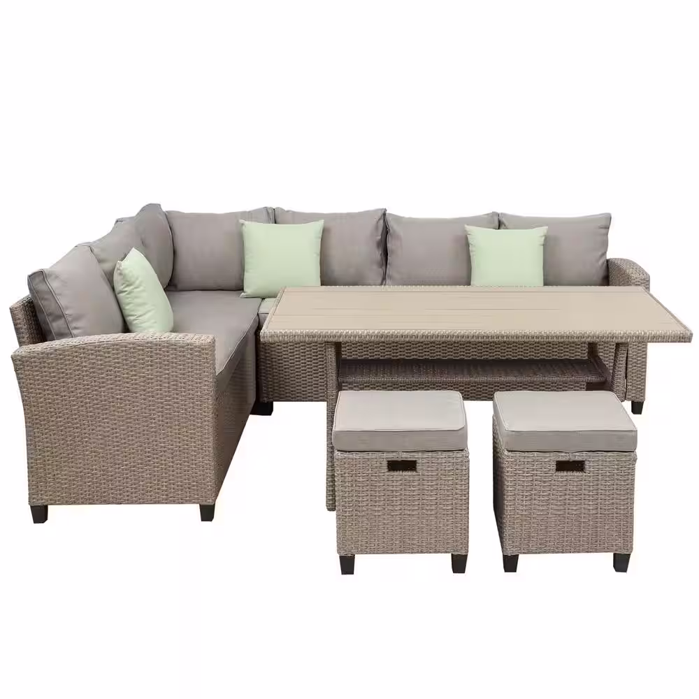 waelph Brown 5-Piece Wicker Patio Conversation Set Dining Table Chair with Ottoman and Brown Cushions