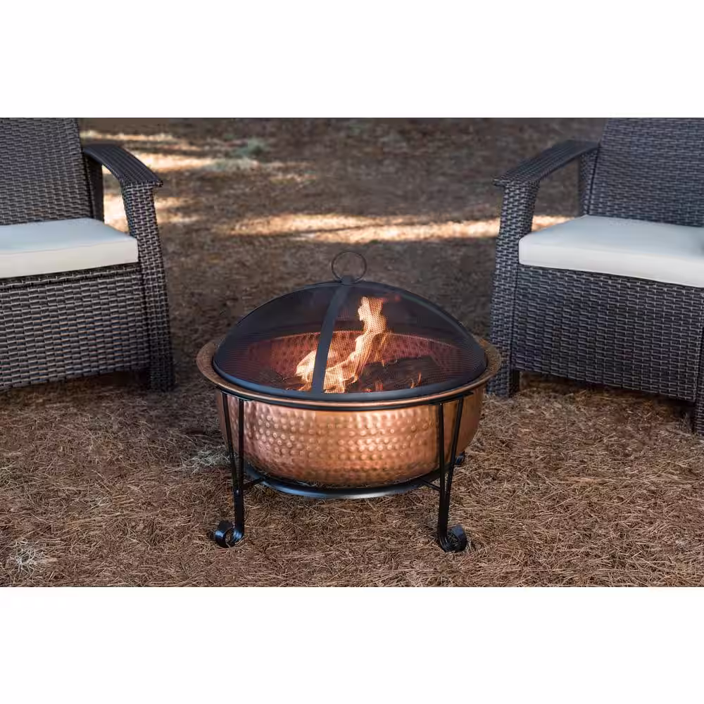 Fire Sense Palermo 26 in. x 21 in. Round Hammered Wood Burning Fire Pit in Copper with Fire Tool