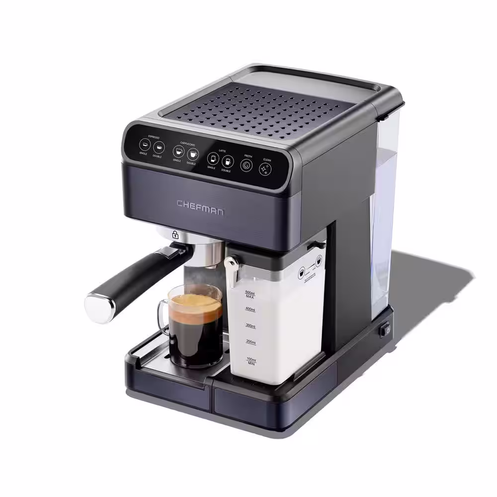 Chefman Espresso Machine, 7.5 Cups, Stainless Steel Black, Digital Barista Pro Plus Espresso Machine with Milk Frother