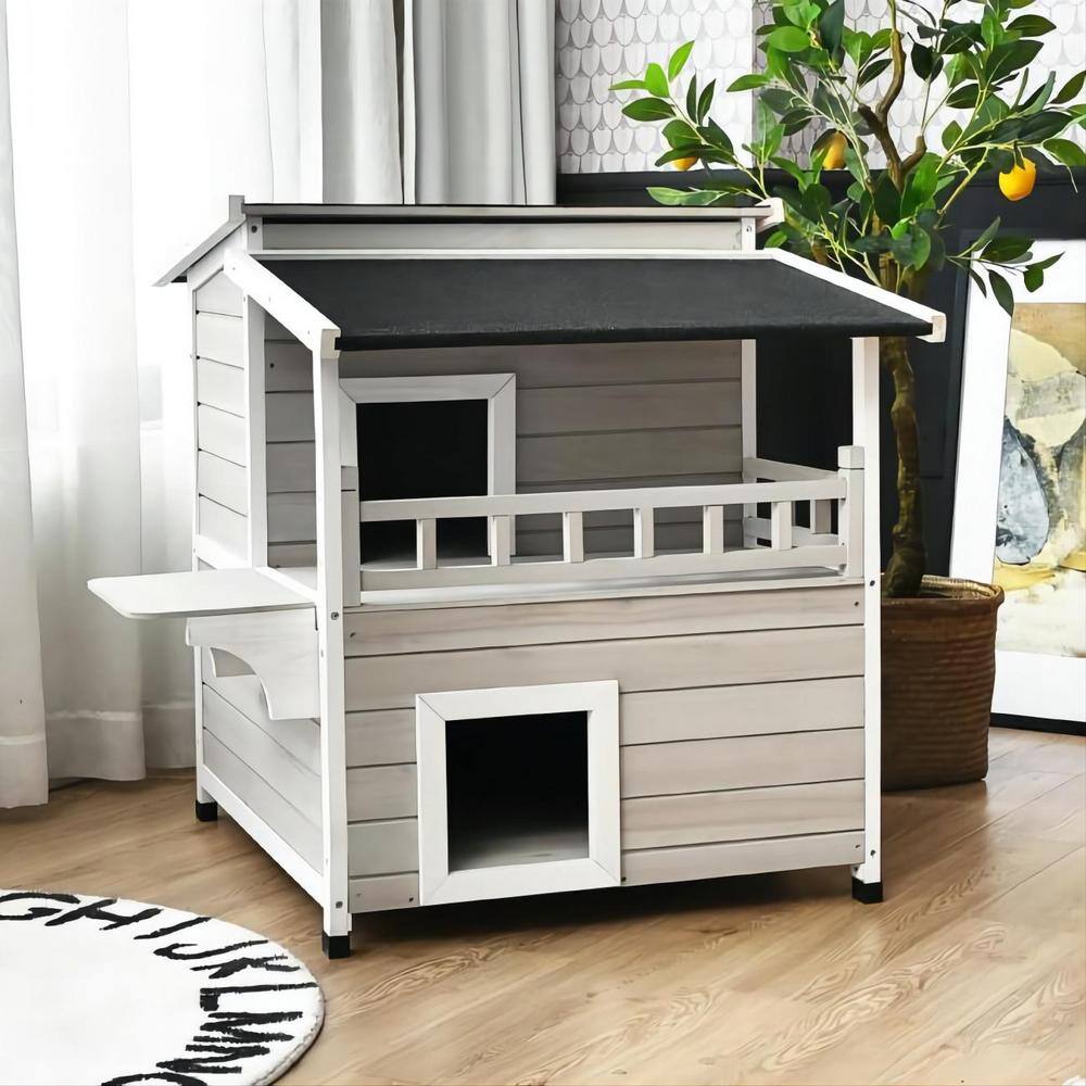 None 2-tier Wooden Patio Cat House with Balcony