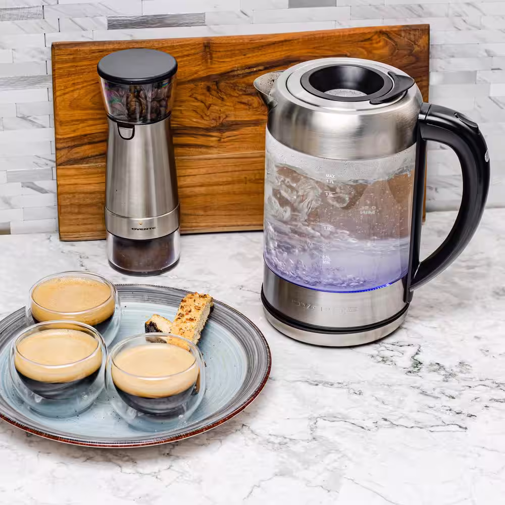OVENTE 7-Cup 1.7 l Silver Glass Electric Kettle with ProntoFill Technology-Fill Up with Lid On Glass Reusable Teapot Infuser