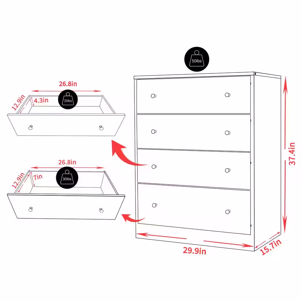 VEIKOUS 4-Drawer White Chest of Drawers Dresser with Large Drawer 37.4 in. H x 15.7 in. W x 29.9 in. L