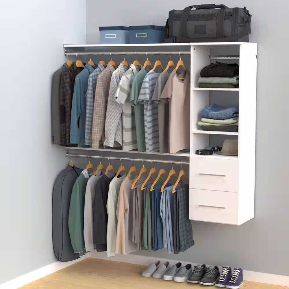 ClosetMaid Style+ 46.97 in. W - 112.97 in. W White Hanging Wood Closet System with Top Shelves and Modern Drawers