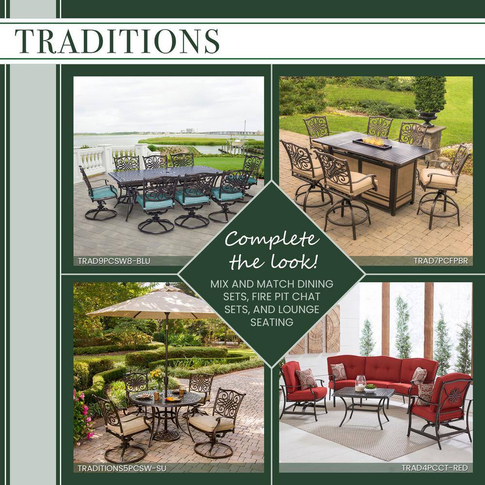 Hanover Traditions 3-Piece Patio Bistro Set with 2-Cast Aluminum Swivel Rockers with Beige Cushions and 32 in. Round Table