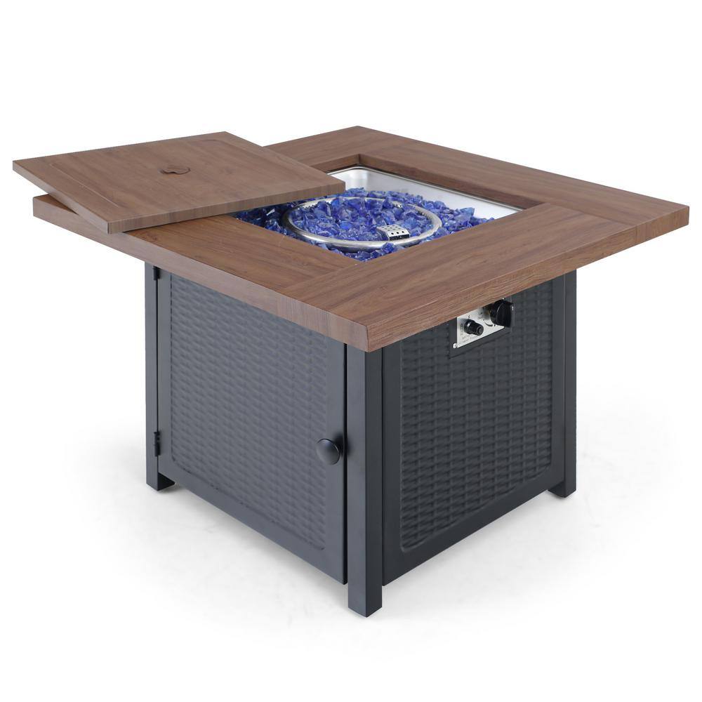 PHI VILLA 33.9 in. W x 25.2 in. H Square Wood-like Metal Steel Gas Fire Pit Table with Cover and 50000 BTU Burner