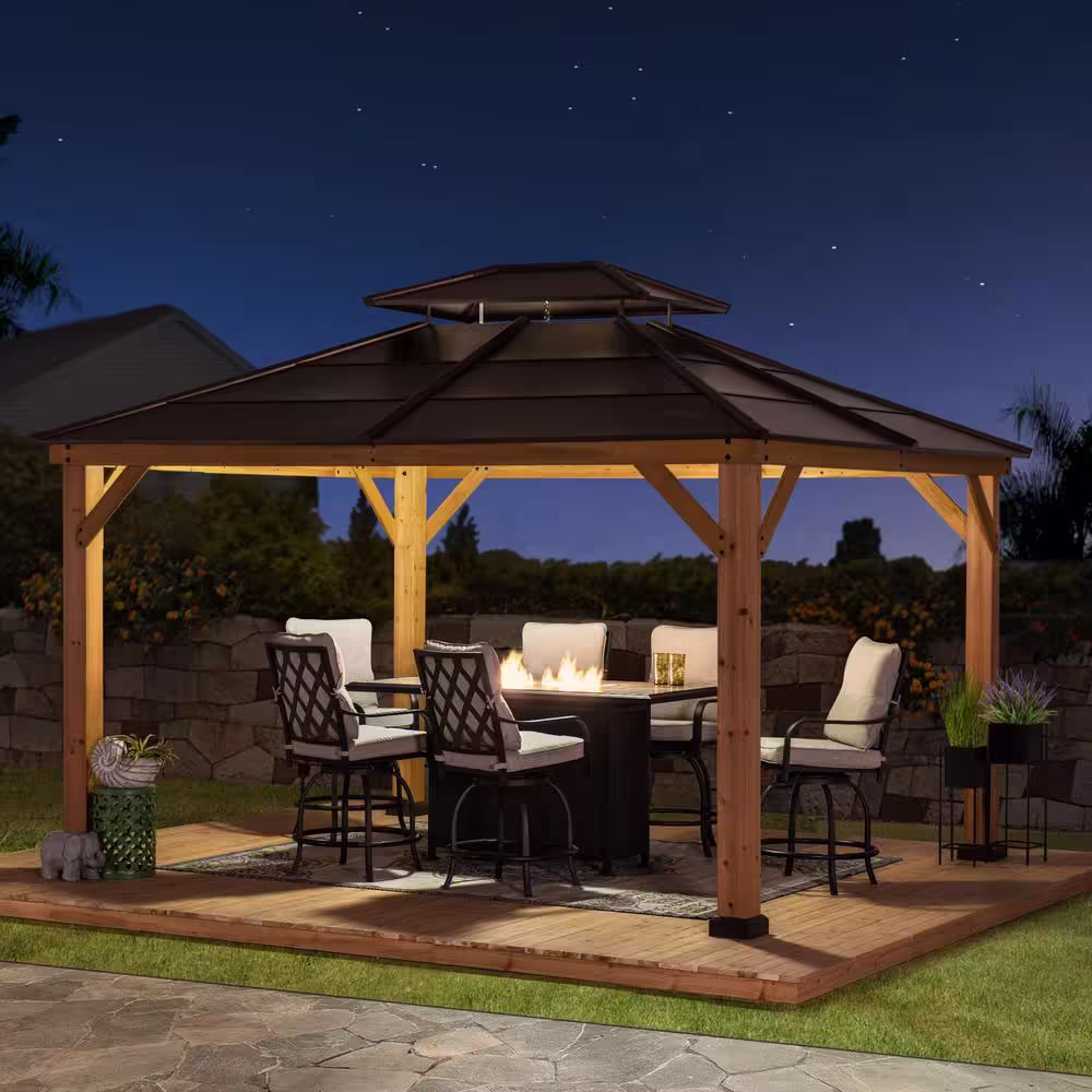 Sunjoy Myla 11 ft. x 13 ft. Cedar Framed Gazebo with Brown Steel 2-Tier Hip Roof Hardtop