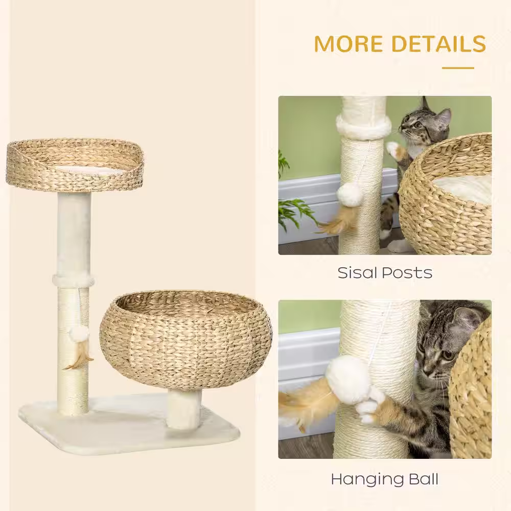PawHut Cat Tree, Kitty Activity Center, Cat Climbing Toy with Cattail Beds Sisal Scratching Post Ball Toy, Beige