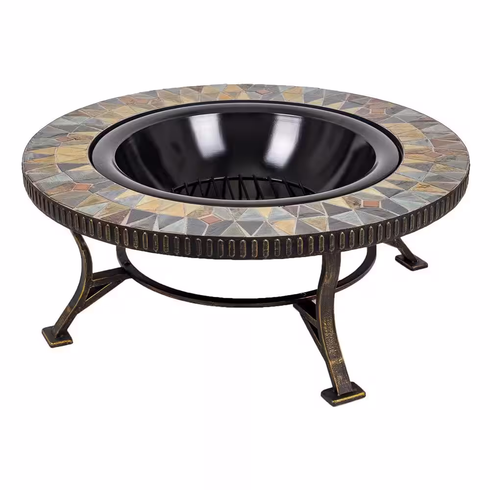 Pleasant Hearth Olivia Slate Top 34 in. W x 19.6 in. H Round Steel Wood Burning Rubbed Gold Fire Pit