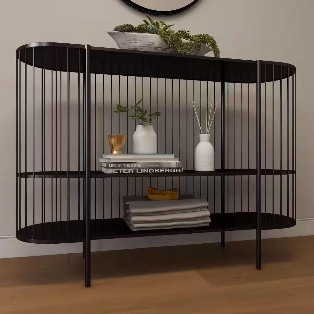 Litton Lane 48 in. Black Extra Large Oval Metal Narrow Open Wire Frame 2 Shelf Console Table
