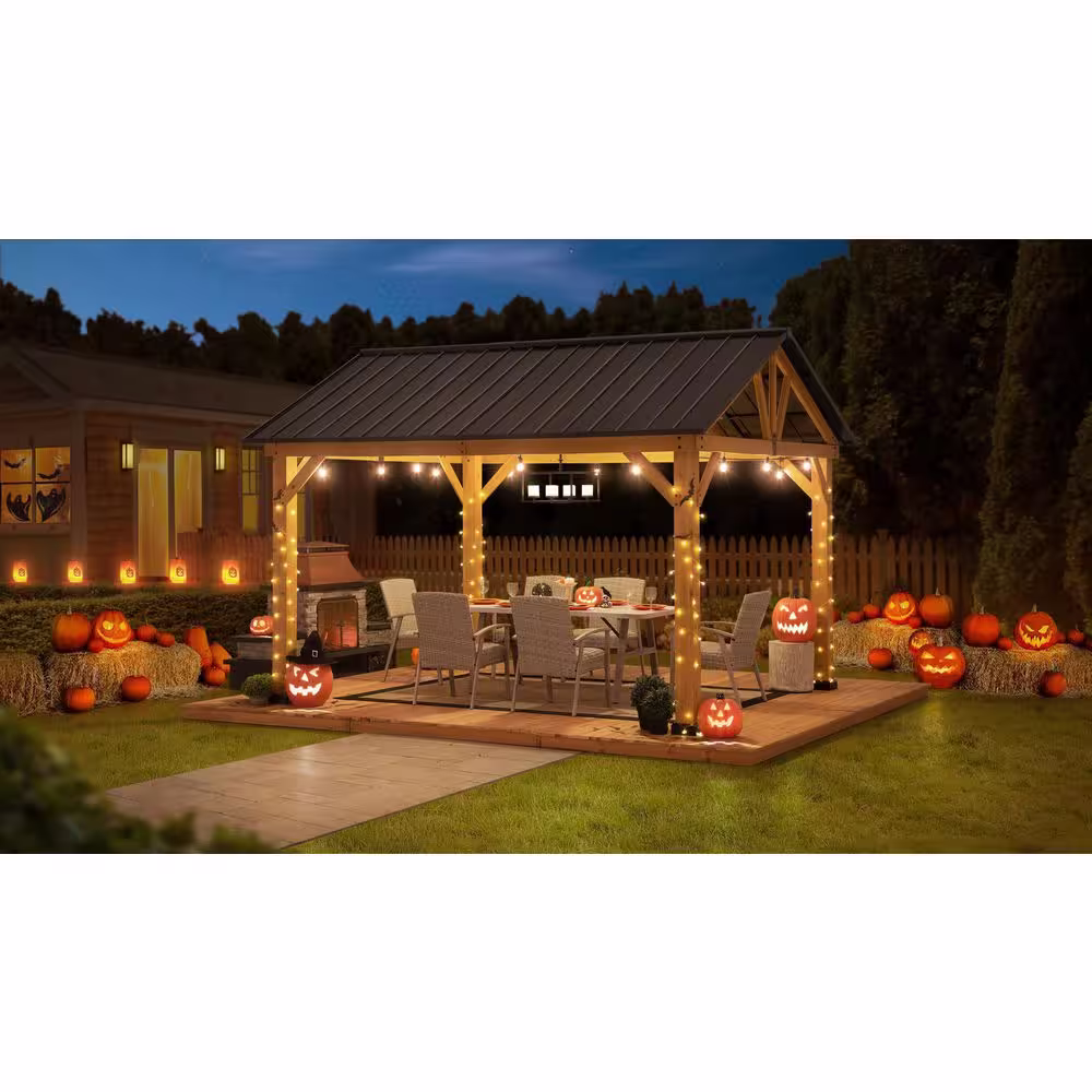 Sunjoy Columbus Outdoor Patio 13ft.x 15ft. Black Wooden Frame Steel Gable Roof Backyard Hardtop Gazebo Pavilion w/ Ceiling Hook