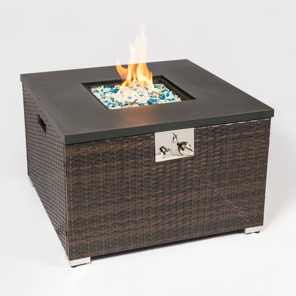 None 32 in. Brown Wicker Square Outdoor Fire Pit Table with Glass Rocks