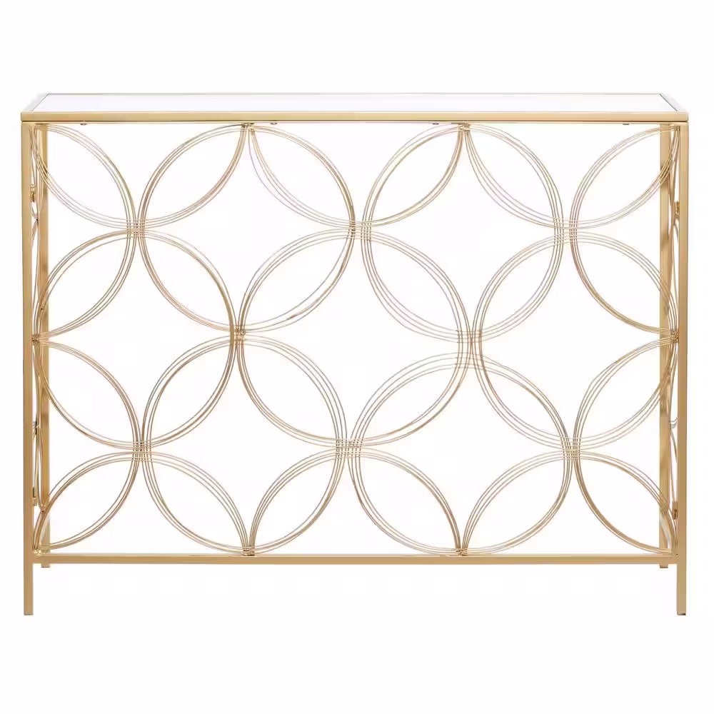 Litton Lane 42 in. Gold Extra Large Rectangle Metal Open Style Quatrefoil Frame Geometric Console Table with Mirrored Top