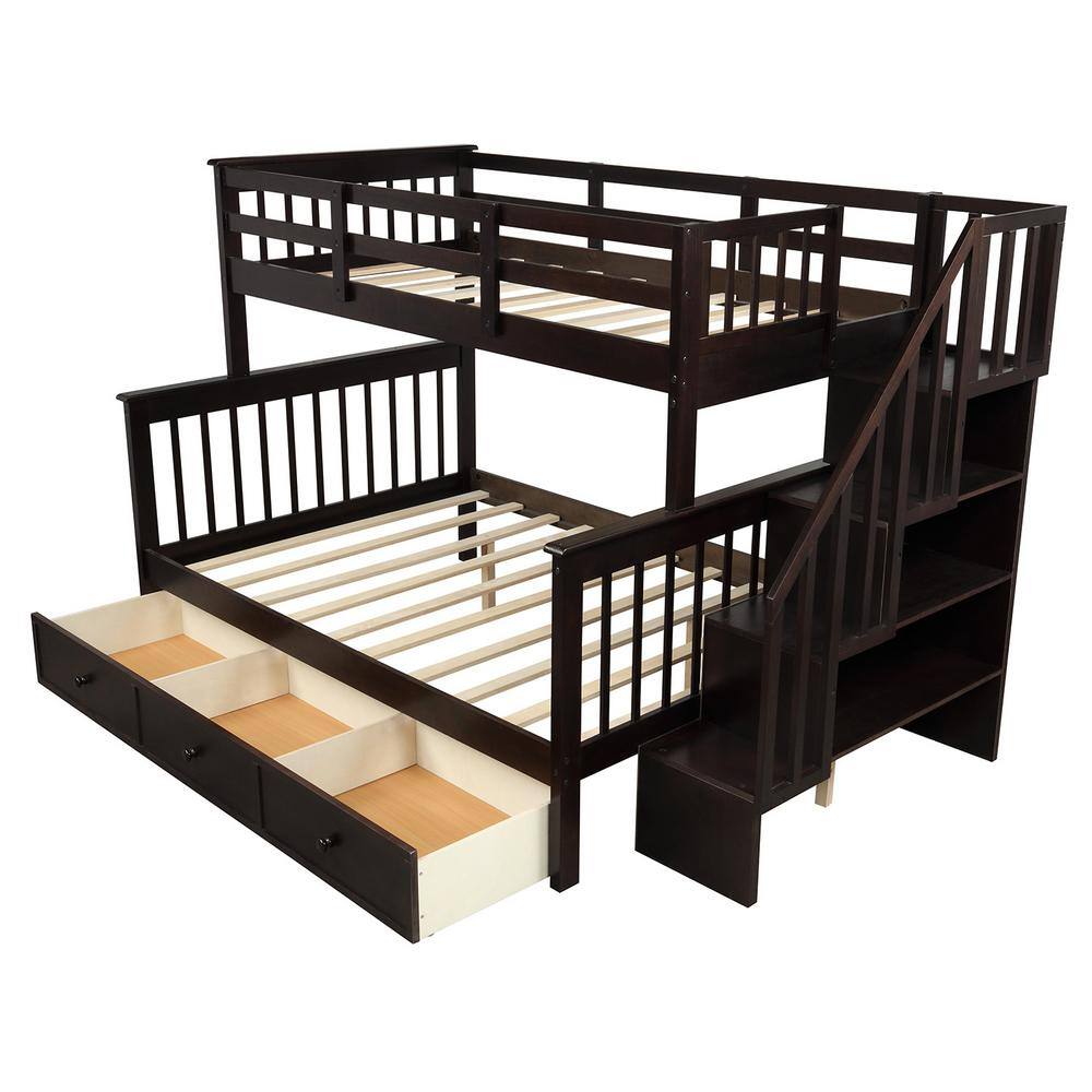 Qualler Espresso Stairway Twin Over Full Bunk Bed with Drawer and Storage