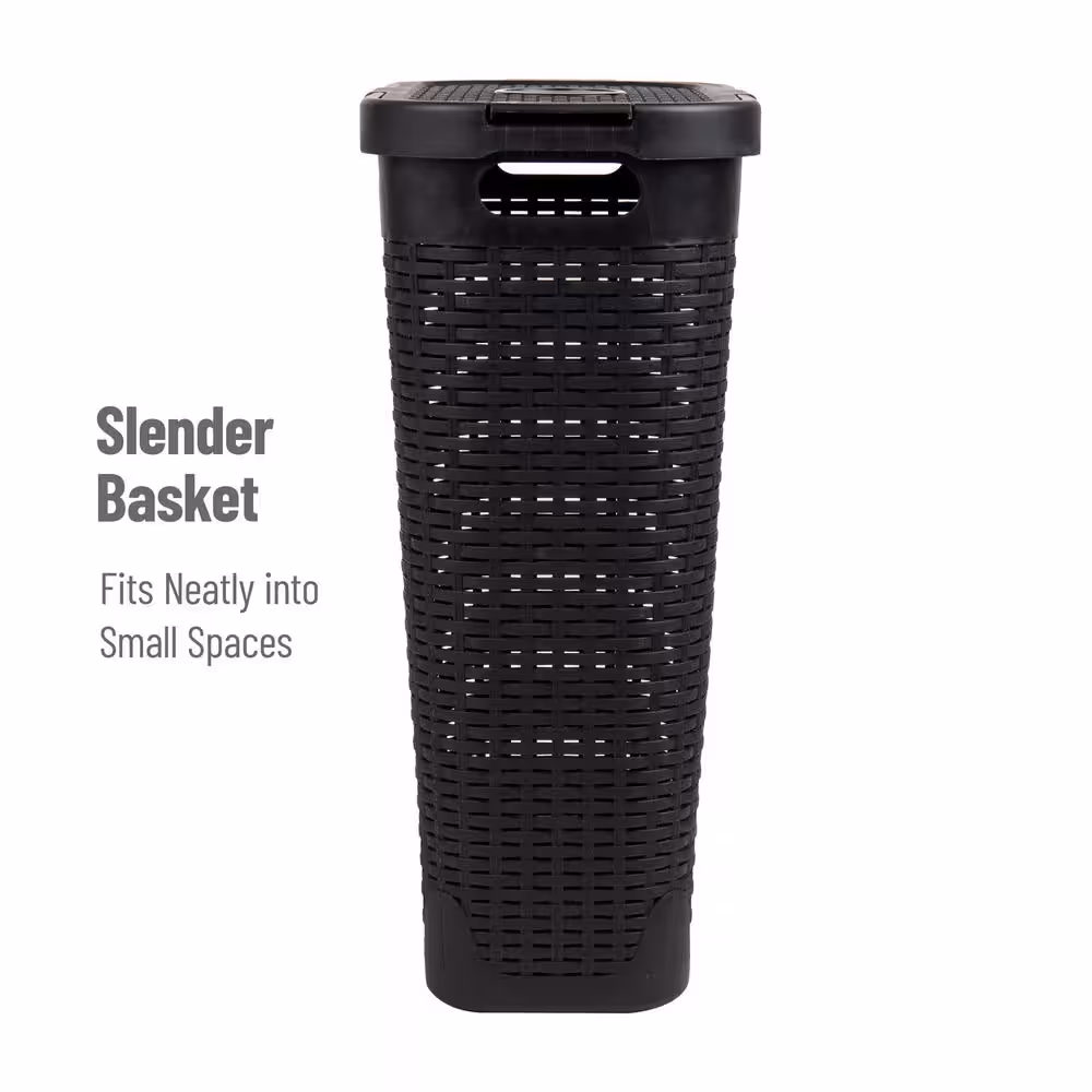 Mind Reader Basket Collection, Slim Laundry Hamper, 40 Liter Cut Out Handles, Attached Hinged Lid, Ventilated, Set of 2, Black