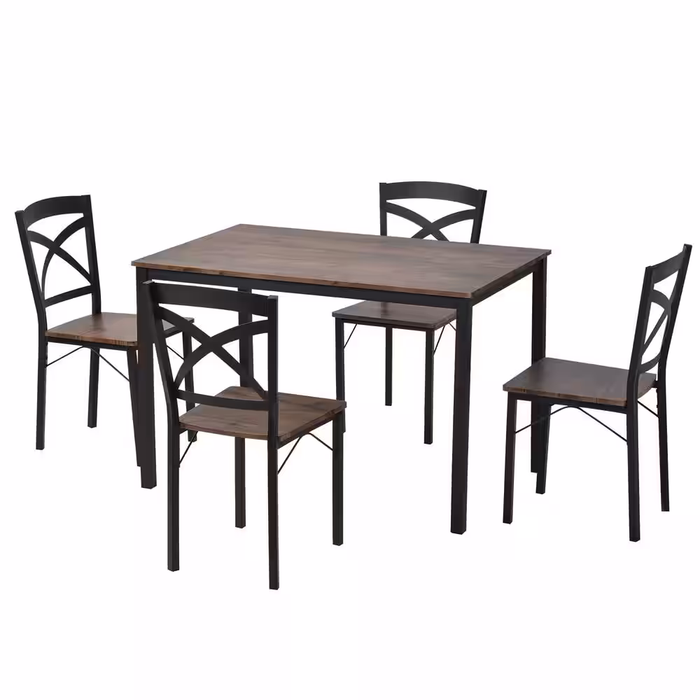 Harper & Bright Designs 5-Piece Industrial Brown Dining Set with Ergonomic Chairs