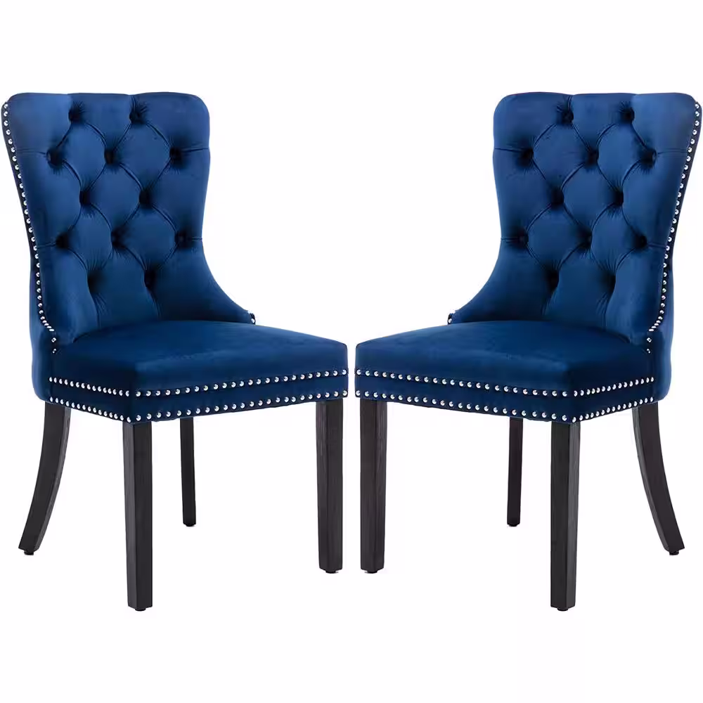 None Dark Blue Velvet Upholstered Dining Chairs Accent Diner Chairs Stylish Kitchen Chairs with Wood Legs (Set of 2)