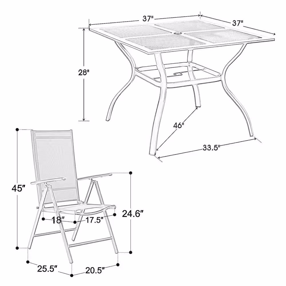 PHI VILLA 5-Piece Black Metal Patio Outdoor Dining Set with Square Table and Grey Folding Reclining Sling Chairs