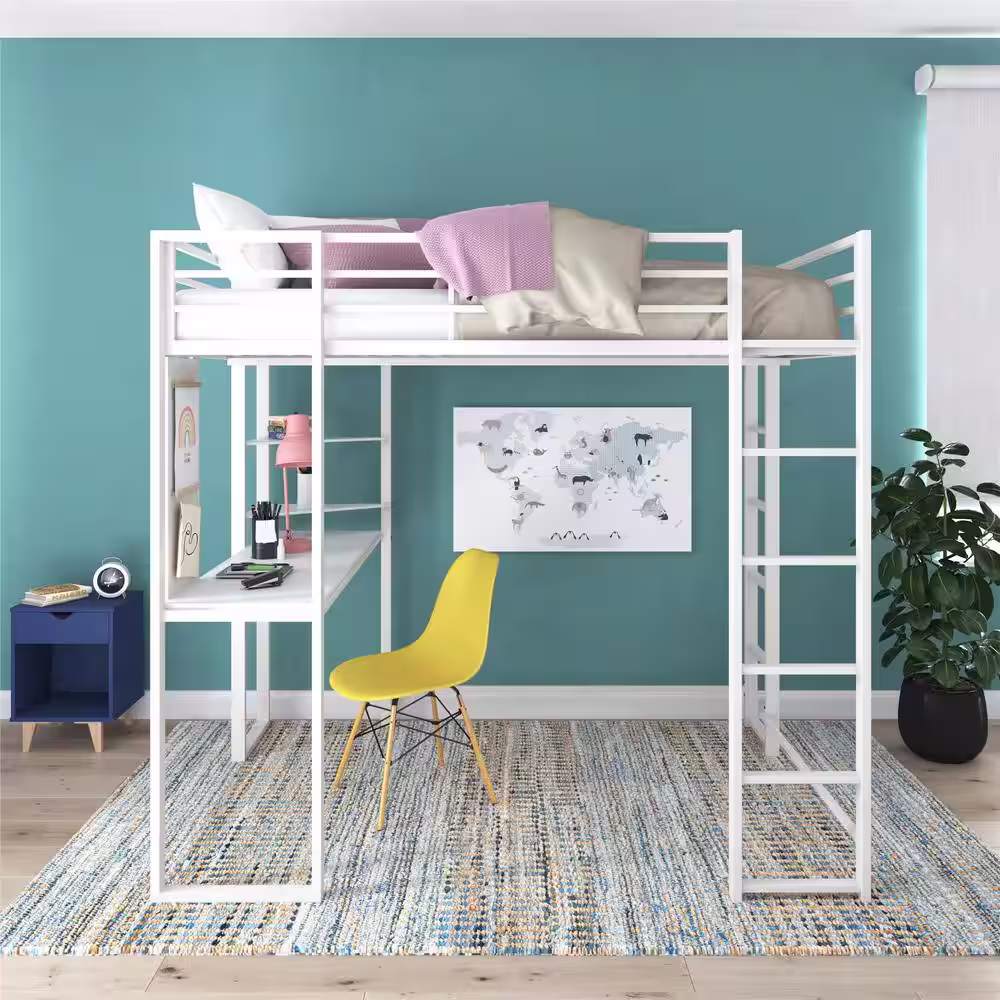 DHP Alana White Full Metal Loft Bed with Desk