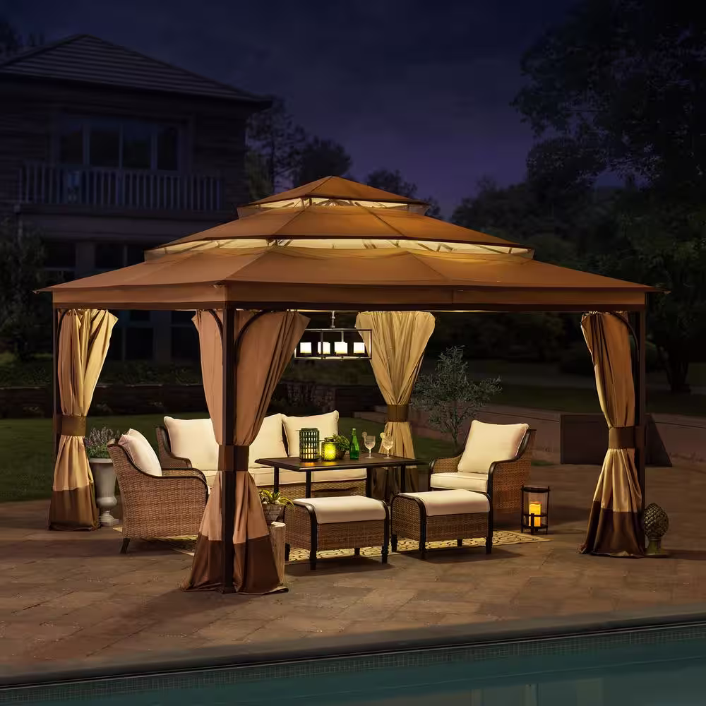 Sunjoy Bethlehem 13 ft. x 13 ft. Steel Gazebo with 3-Tier Tan and Brown Canopy