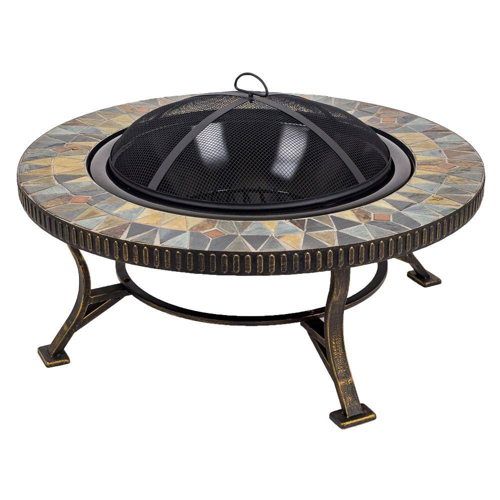 Pleasant Hearth Olivia Slate Top 34 in. W x 19.6 in. H Round Steel Wood Burning Rubbed Gold Fire Pit