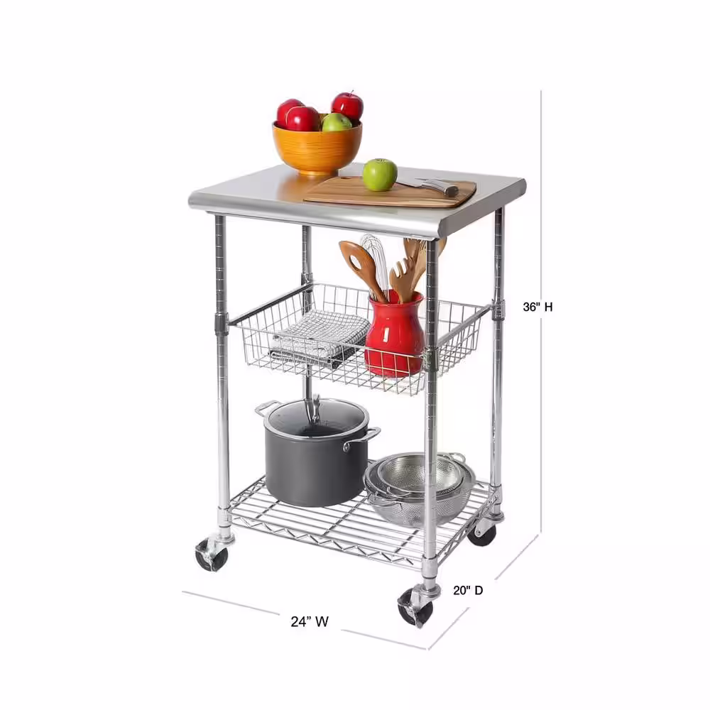 Seville Classics Stainless Steel Kitchen Cart with Basket