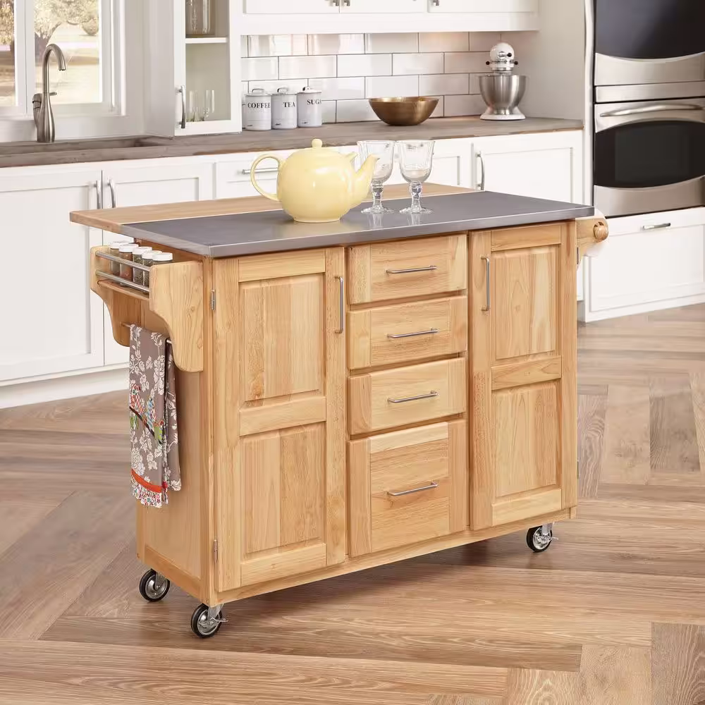 HOMESTYLES Natural Wood Kitchen Cart with Stainless Top and Breakfast Bar