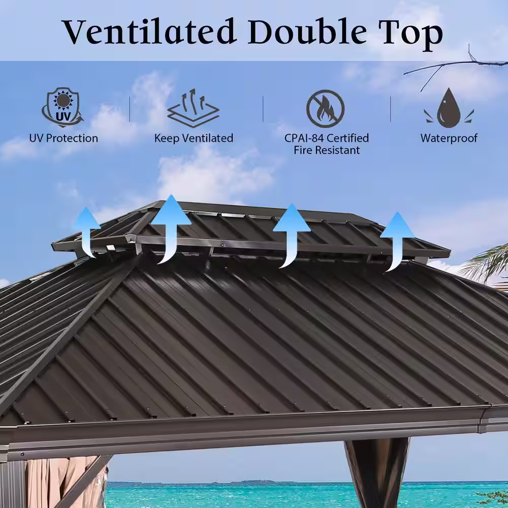 None 12 ft. x 16 ft. Aluminum Hardtop Gazebo with Galvanized Steel Roof and Mosquito Net