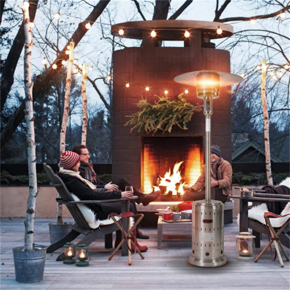 None 46000 BTU Propane Stainless Steel Patio Heater with Two Smooth-rolling Wheels, Hose Set, Black Cover, Pole in Two Pieces