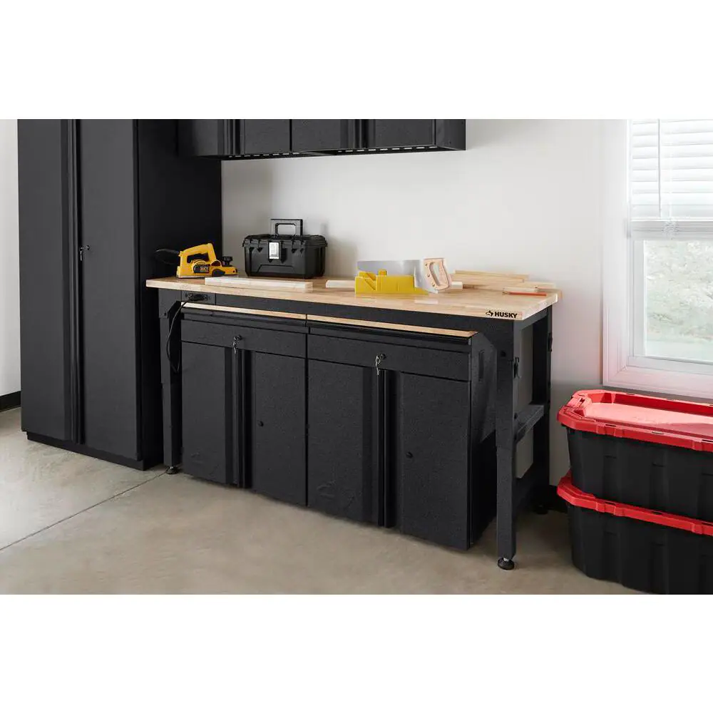 Husky 6 ft. Adjustable Height Solid Wood Top Workbench in Black with LINE-X Coating for Pro Duty Welded Steel Storage System